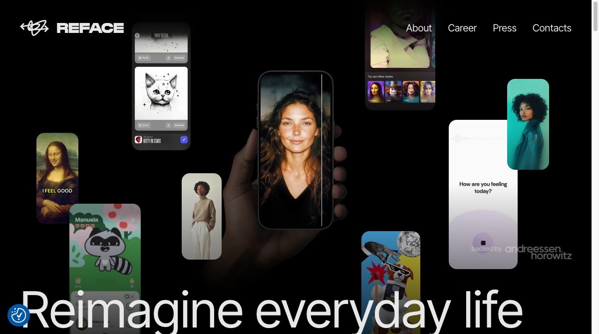 Reface app interface showing mobile face swap and GIF template features