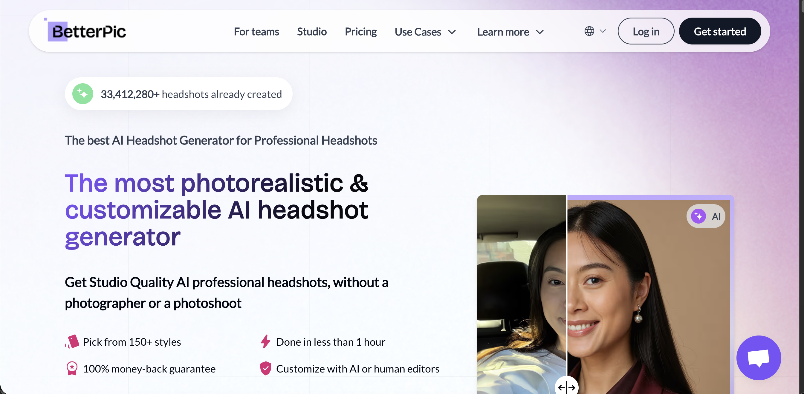 BetterPic interface showing multiple headshot style options