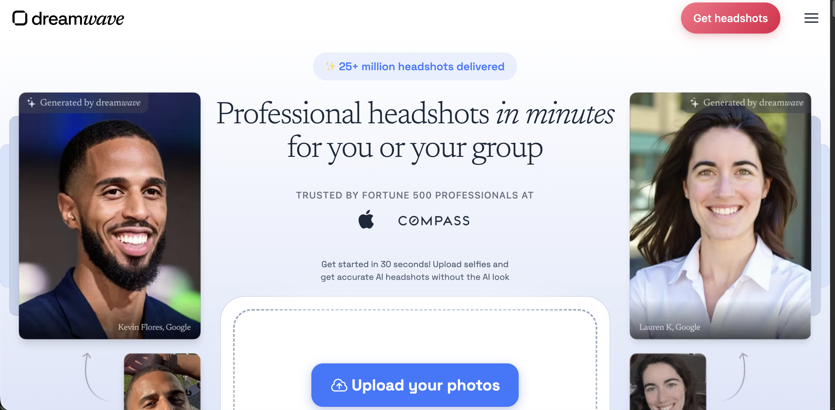 Dreamwave AI interface showing photorealistic headshot results