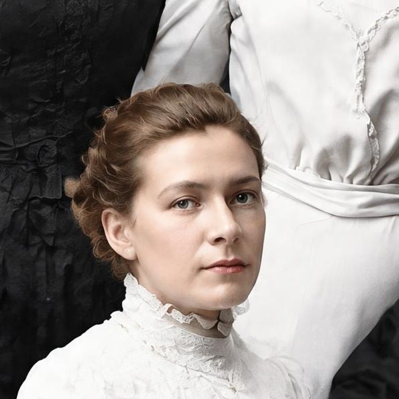 Third restore, in color: a slimmer woman with auburn hair