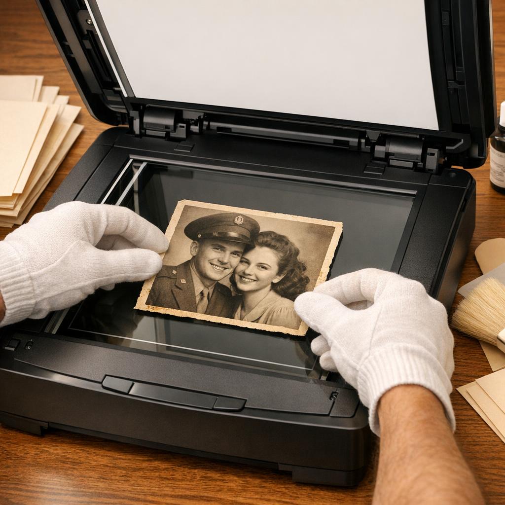 Proper scanning setup for old photo restoration showing a flatbed scanner and well-lit workspace